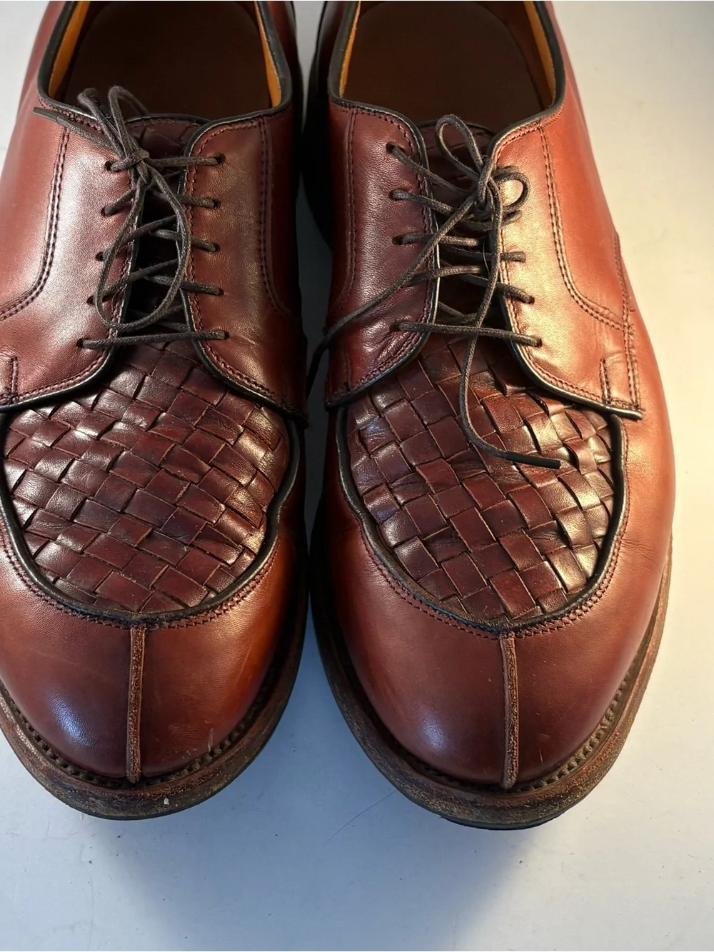 ALLEN EDMONDS Mens 8.5 EEE Hersey Brown Woven Leather Split Toe Lace Up 3160 USA